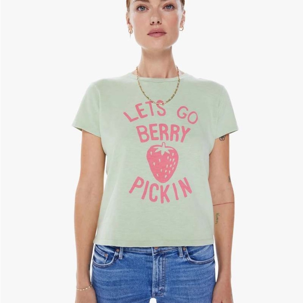 Small Green & Pink MOTHER The Lil Sinful Tee “LET’S GO BERRY PICKIN”